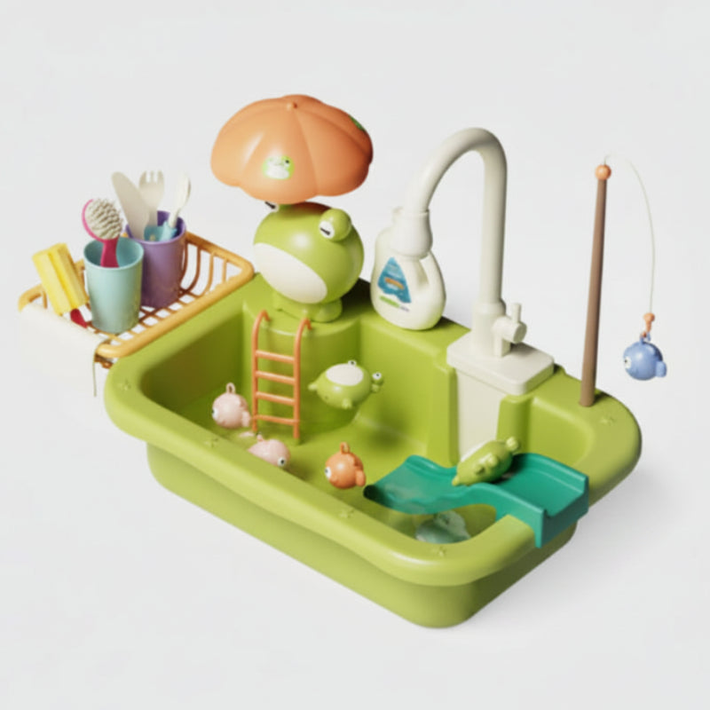Children's toy set with a green base, frog character, and various accessories on a white background.