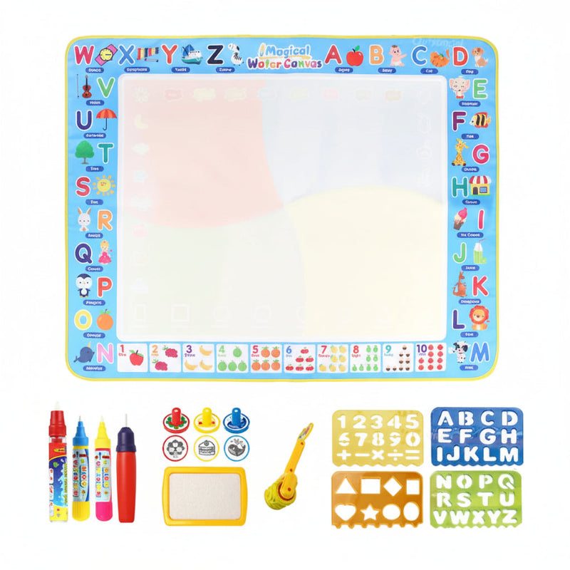 Children's educational mat with letters and numbers, markers, and tools on a white background.
