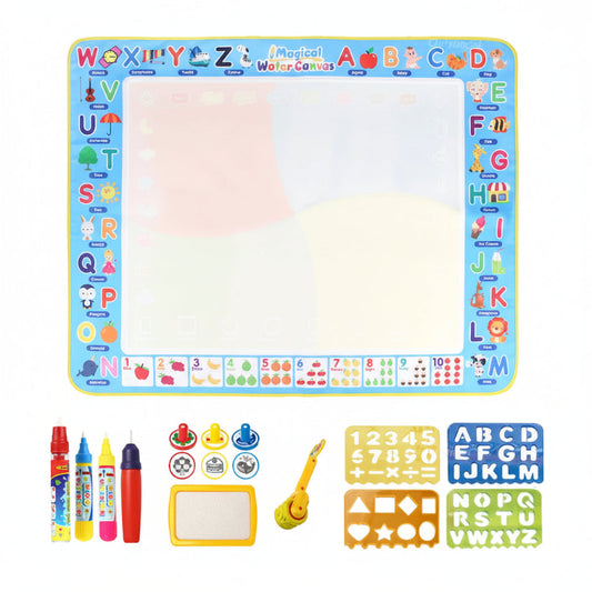 Children's educational mat with letters and numbers, markers, and tools on a white background.