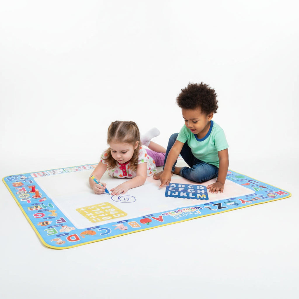 Child playing on an educational mat with letters and numbers