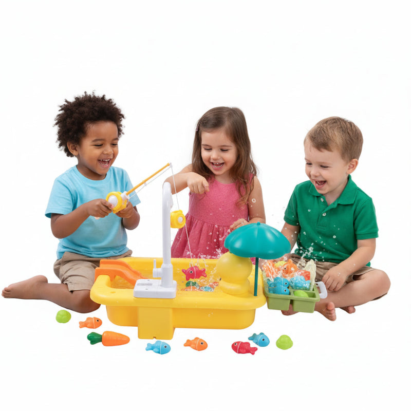 Child playing with a toy kitchen set in a home setting