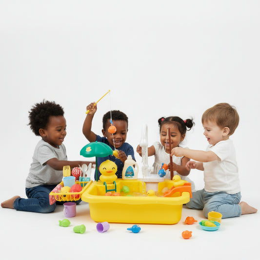 Child playing with a toy bathtub filled with water and rubber ducks, surrounded by various toys.