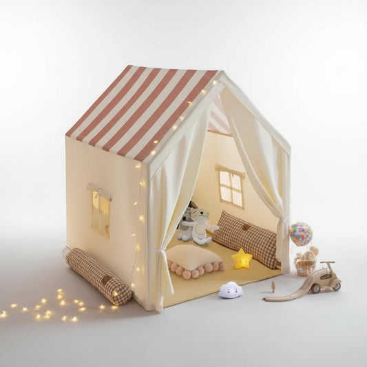 Children's play tent with striped roof, lights, and toys inside