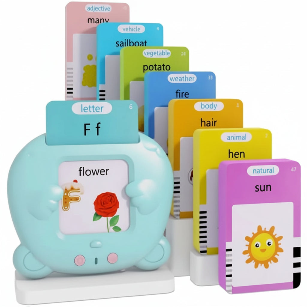 Educational children's learning device with flashcards displaying words and pictures.