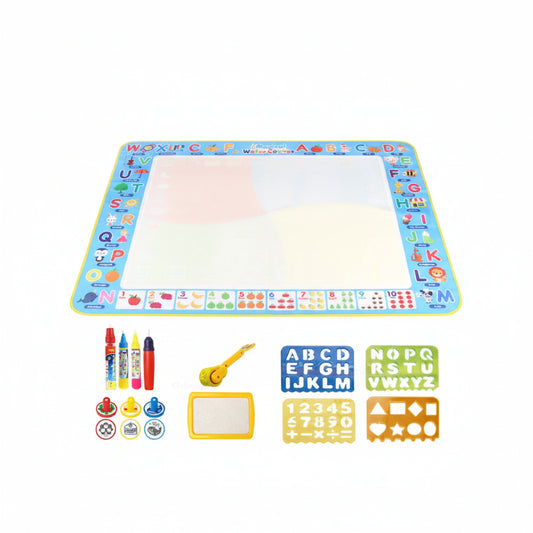 Children playing with a colorful drawing mat with letters and numbers, surrounded by additional accessories.