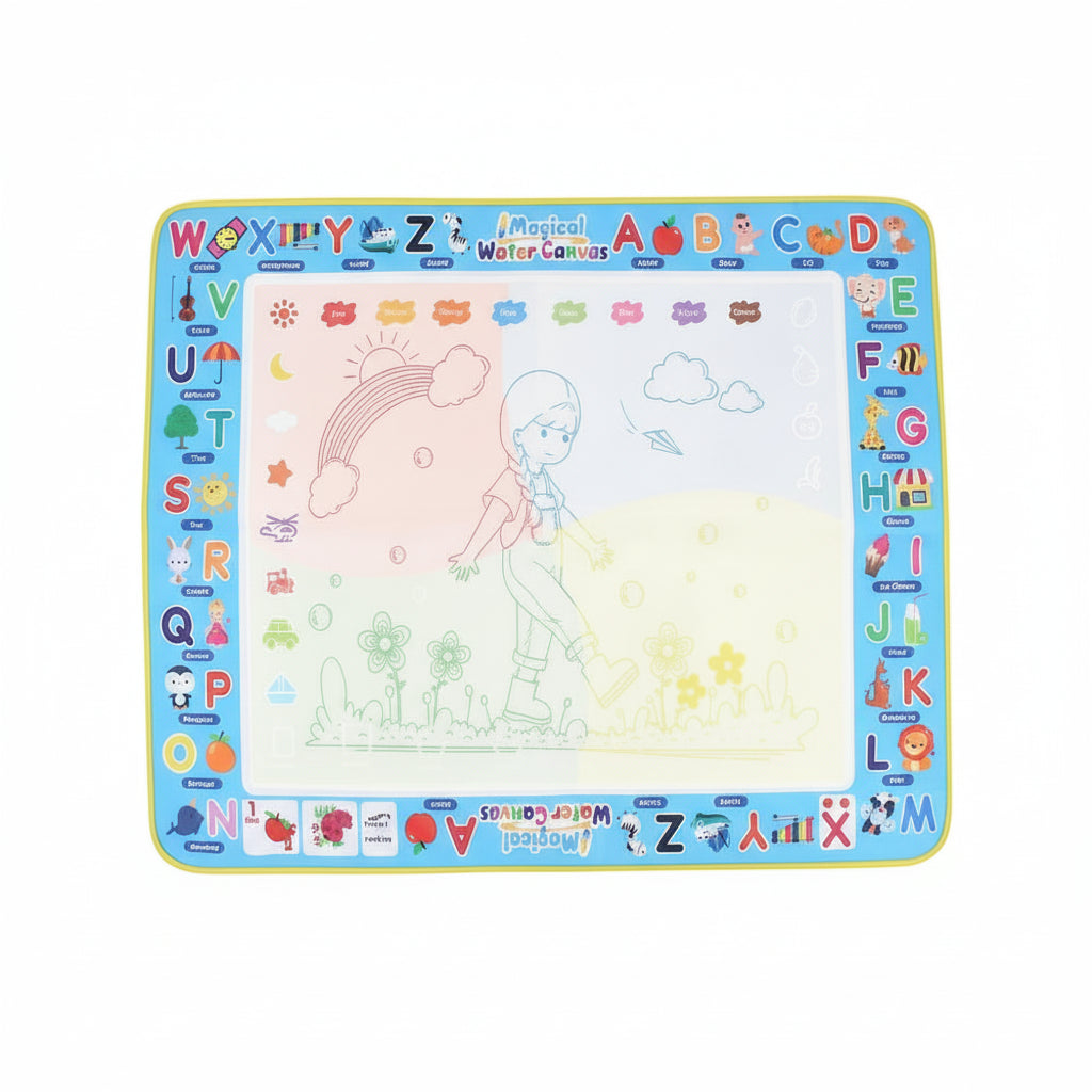 Children playing with a large drawing mat featuring letters and symbols, with markers and educational tools displayed above.