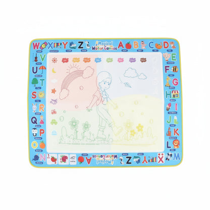 Children playing with a large drawing mat featuring letters and symbols, with markers and educational tools displayed above.